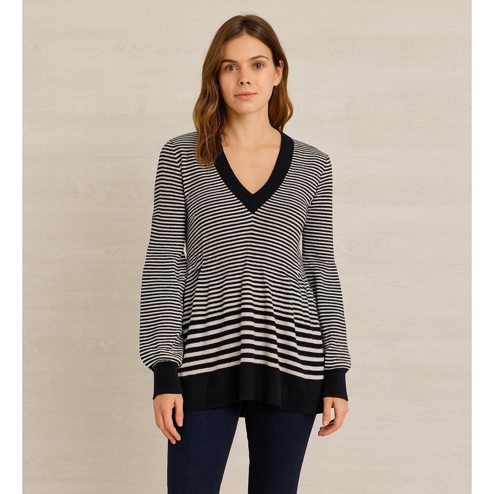 Stile Benetton Wool Blend V-Neck Sweater Women Small Striped Black Grunge Cozy